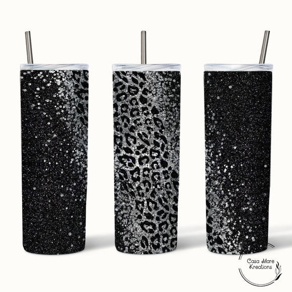Black Silver Glitter Leopard Print 20 oz. Skinny Tumbler