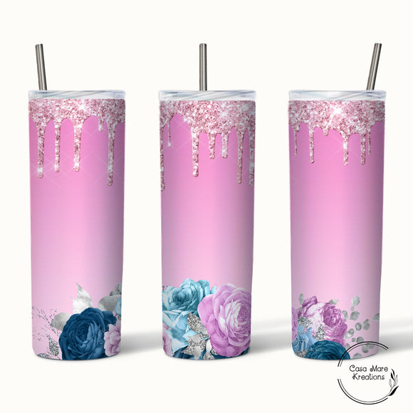 Pink Glitter and Flowers 20 oz. Skinny Tumbler